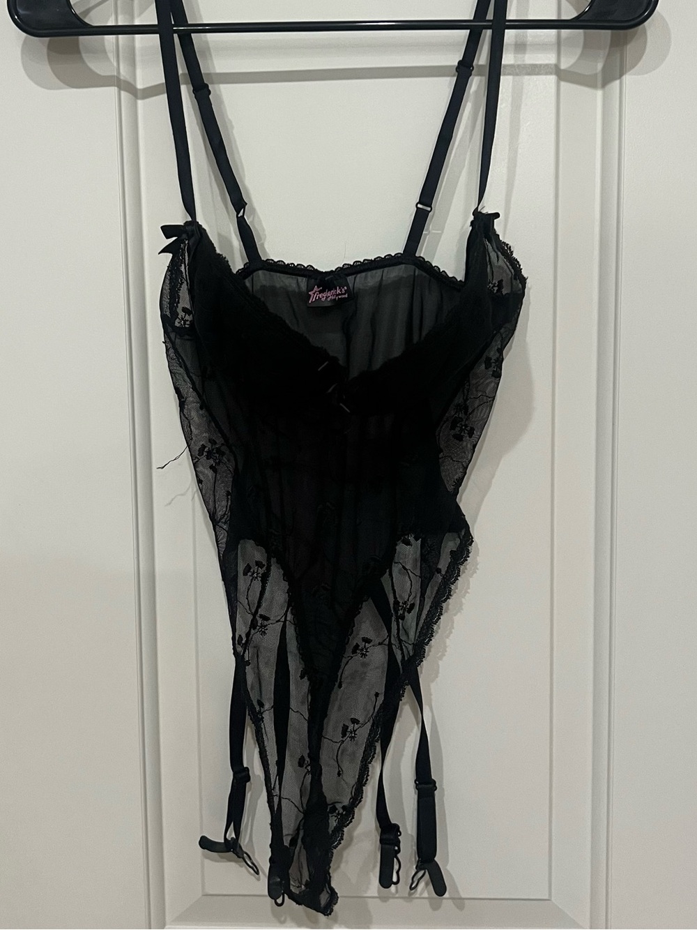 Frederick's of Hollywood Sheer Black Lace Bodysuit with Garter small, adjustable